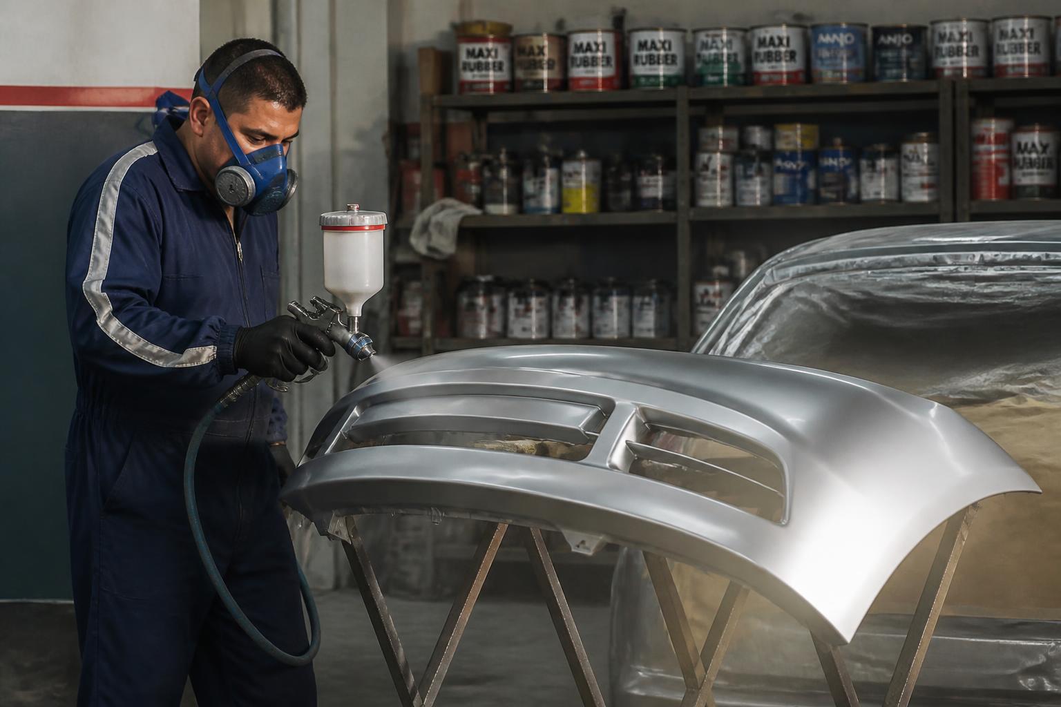 Funileiro profissional aplicando tinta automotiva com pistola HVLP em cabine de pintura